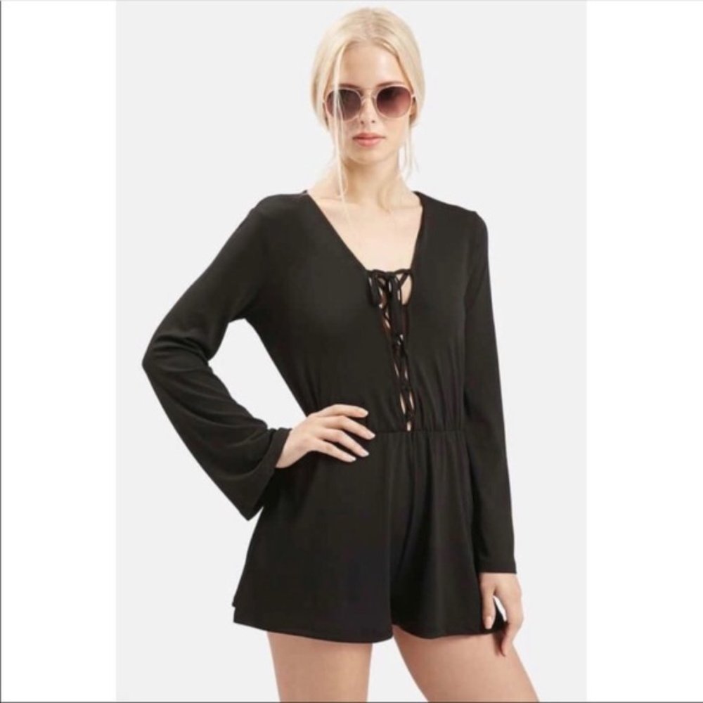 Topshop Black Long Sleeve Lace Up Romper